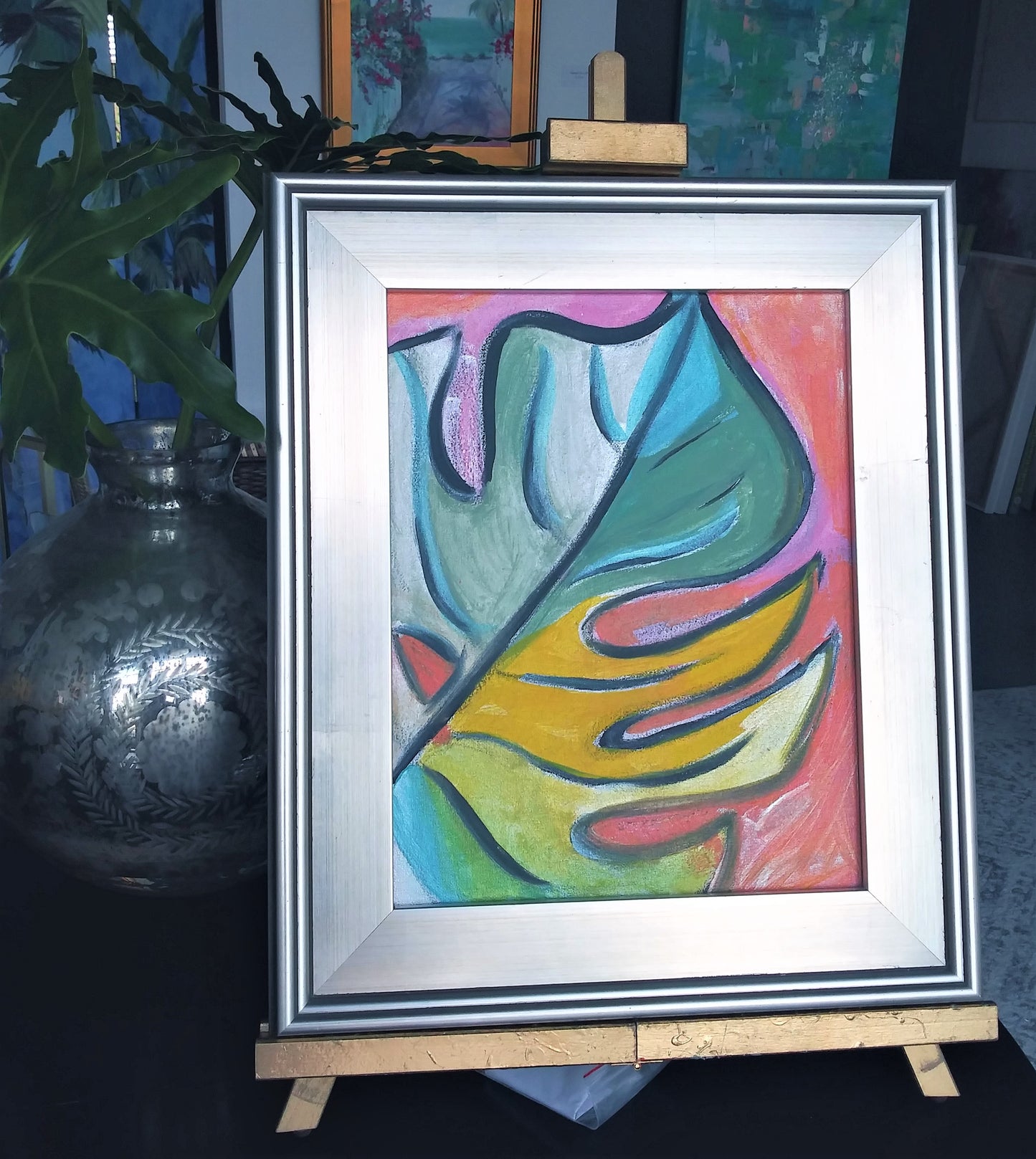 "Colorful Monstera Palm" Framed Painting 11x14"