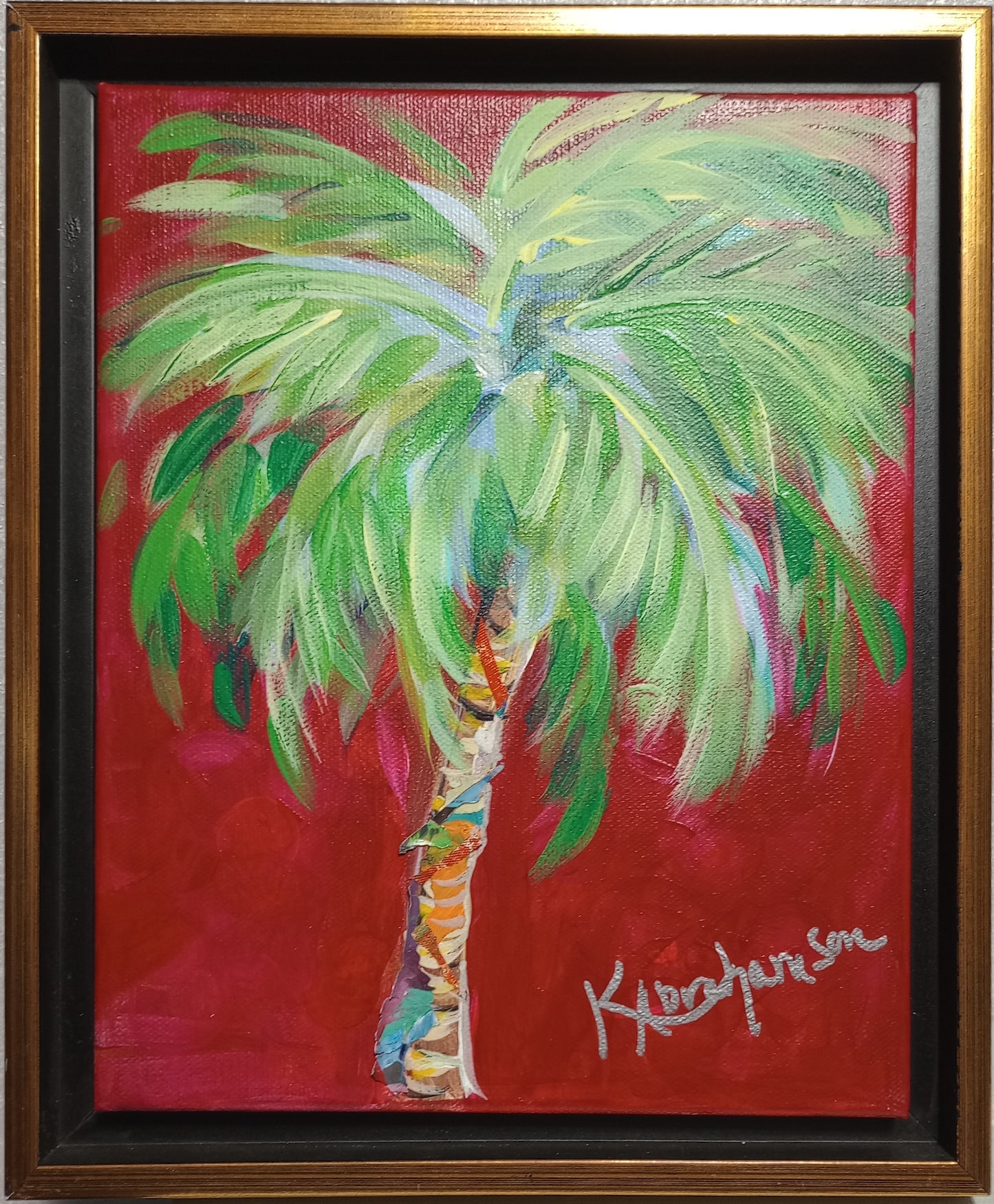 "Bright Red Palm" 8x10 Framed palm tree painting