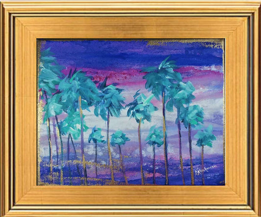 "Peaceful Purple Sunset Cluster of Palms" Painting 8x10 Framed