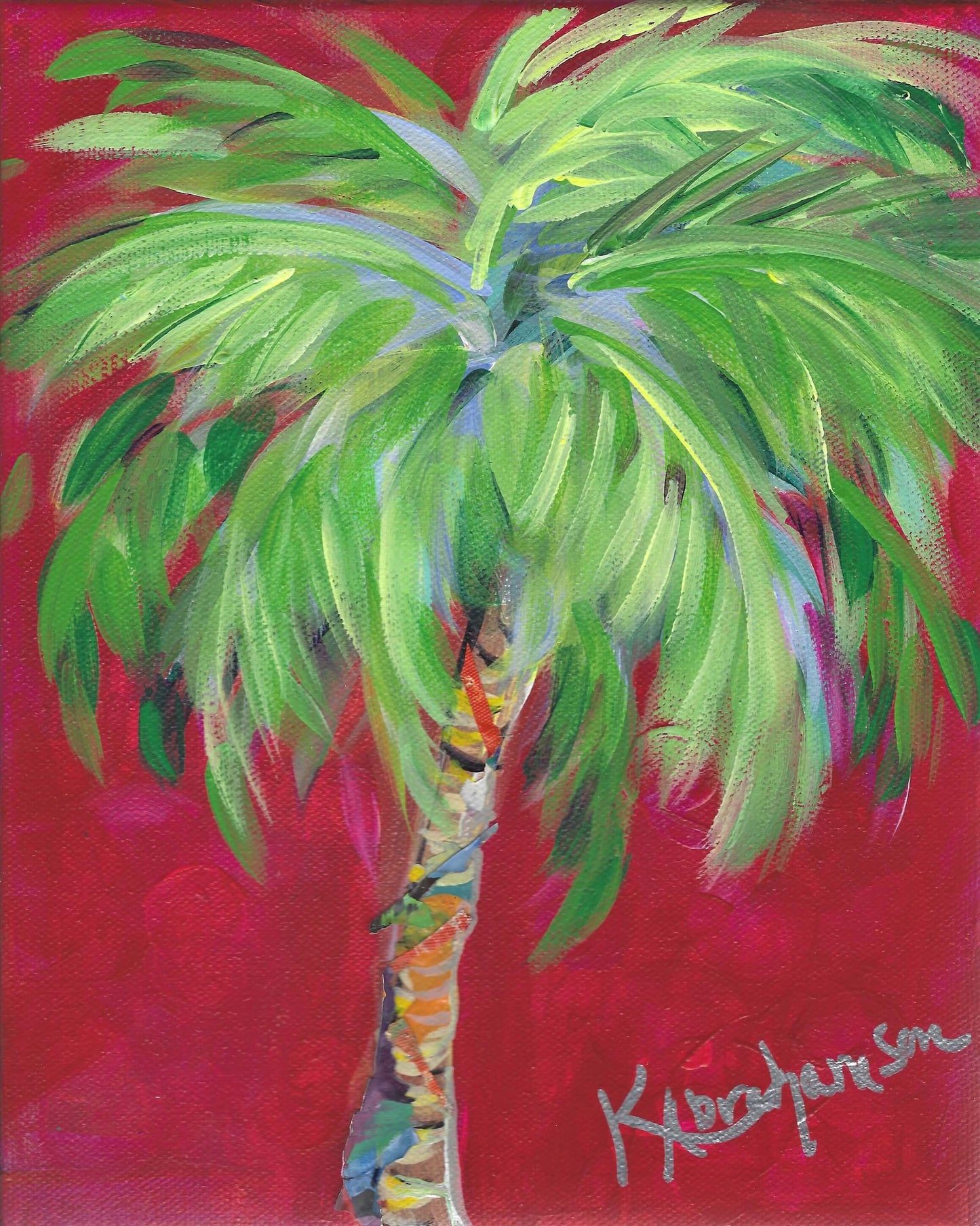 "Bright Red Palm" 8x10 Framed palm tree painting