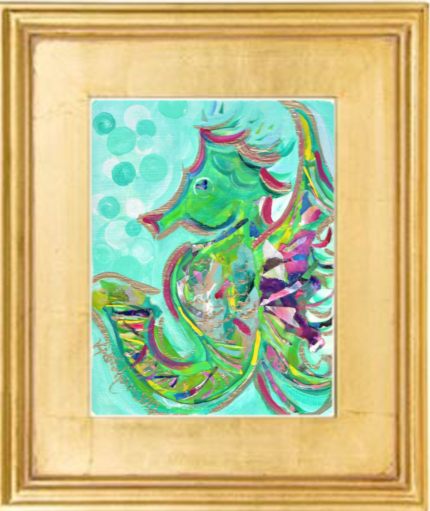 "Minty Seahorse" Painting 8x10 Framed